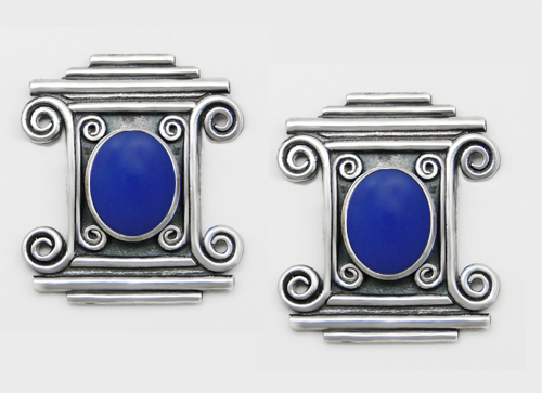 Sterling Silver And Blue Onyx Drop Dangle Earrings With an Art Deco Inspired Style